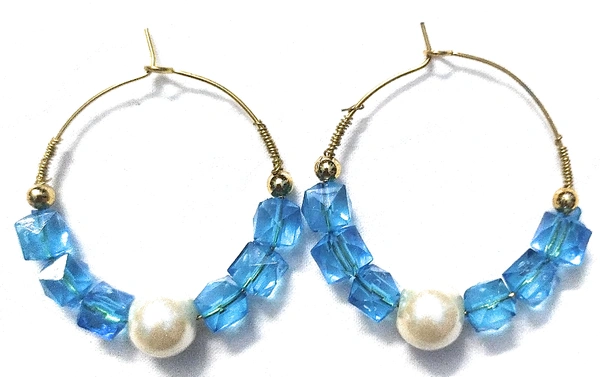 NIBRAS Blue Square-Cut Crystal Pearl Hoop Earrings - B09JM4H8RR, 7 gm, 4.5cm x 4cm x 1cm